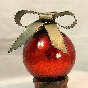 Mercury Glass Kugel Red Crackle Lg 4” Diameter Christmas Ornament Metal Bow Cap